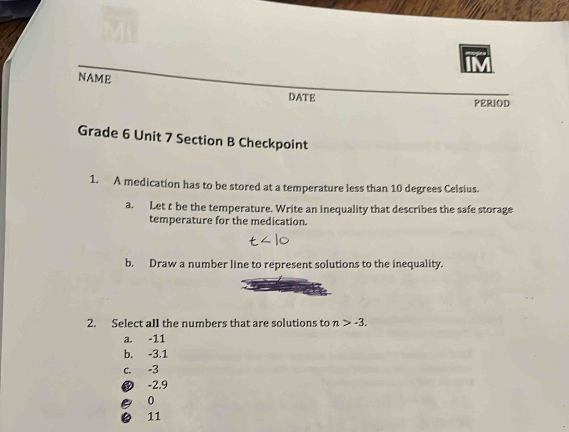 Solved: NAME DATE PERIOD Grade 6 Unit 7 Section B Checkpoint 1. A ...