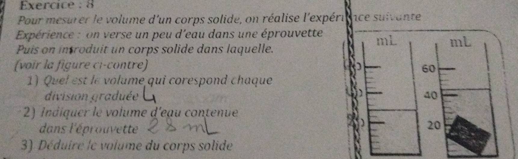 Exercice : 8 
Pour mesurer le volume d'un corps solide, on réalise l'expérince suivante 
Expérience : on verse un peu d'eau dans une éprouvette 
mL
mL
Puis on introduit un corps solide dans laquelle. 
(voir la figure ci-contre)
60
1) Quel est le volume qui corespond chaque 
division graduée 40
2) Indiquer le volume d'eau contenue 
dans l'éprouvette
20
3) Déduire le volume du corps solide