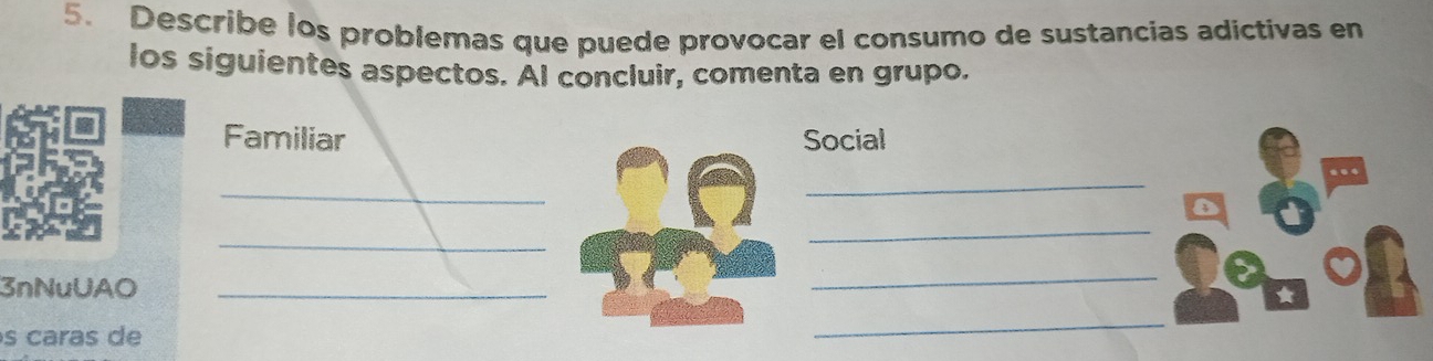 Describe los problemas que puede provocar el consumo de sustancias adictivas en 
los siguientes aspectos. AI concluir, comenta en grupo. 
Familiar Social 
_ 
_ 
_ 
_ 
3nNuUAO_ 
_ 
s caras de 
_