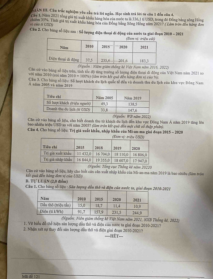 PHÀN III. Câu trắc nghiệm yêu cầu trả lời ngắn. Học sinh trả lời từ câu 1 đến câu 4.
Câu 1. Năm 2021 tổng giá trị xuất khẩu hàng hóa của nước ta là 336,1 tỉ USD, trong đó Đồng bằng sông Hồng
chiếm 35%. Tính giá trị xuất khẩu hàng hóa của Đồng bằng Sông Hồng năm 2021? ( Làm tròn đến hàng đơn
vị của tỉ USD)
Câu 2. Cho bảng số liệu sau : Số lượng điện thoại di động của nước ta giai đoạn 2010 - 2021
(Nguồn : Niêm giám thống kê Việt Nam năm 2016, 2022)
Căn cứ vào bảng số liệu trên, tính tốc độ tăng trưởng số lượng điện thoại di động của Việt Nam năm 2021 so
với năm 2010 (coi năm 2010=100% 0 (làm tròn kết quả đến hàng đơn vị của %).
Câu 3. Cho bảng số liệu: Số lượt khách du lịch quốc tế đến và doanh thu du lịch của khu vực Đông Nam
Á năm 2005 và năm 2019
(Nguồn: WB năm 2022)
Căn cứ vào bảng số liệu, cho biết doanh thu từ khách du lịch đến khu vực Đông Nam Á năm 2019 tăng lên
bao nhiêu triệu USD so với năm 2005? (làm tròn kết quả đến một chữ số thập phân).
Câu 4. Cho bảng số liệu: Trị giá xuất khẩu, nhập khẩu của Mi-an-ma giai đoạn 2015 - 2020
(Nguồn: Tổng cục Thống kê năm 20220
Căn cứ vào bảng số liệu, hãy cho biết cán cân xuất nhập khẩu của Mi-an-ma năm 2019 là bao nhiêu (làm tròn
kết quả đến hàng đơn vị của USD)
B. Tự LUẠN (2,0 điểm)
Câu 1. Cho bảng số liệu : Săn lượng đầu thô và điện của nước ta, giai đoạ10-2021
(Nguồn: Niên giám thống kê Việt Nam năm 2021, NXB Thống kê, 2022)
1. Vẽ biểu đồ thể hiện sản lượng dầu thô và điện của nước ta giai đoạn 2010-2021?
2. Nhận xét sự thay đổi sản lượng dầu thô và điện giai đoạn 2010-2021?
===-HÉT===
Mã đề 121
