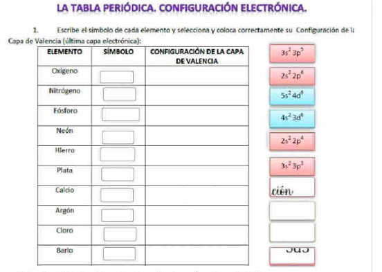 La tABLA pERIÓDiCa. cONFIGURACIÓN eLECtRÓnICa.
1. Escribe el símbolo de cada elemento y selecciona y coloca correctamente su Configuración de la
Capa
3s^23p^5
2s^22p^4
5s^24d^5
4s^23d^6
2s^22p^4
3s^23p^3
cién
ouo