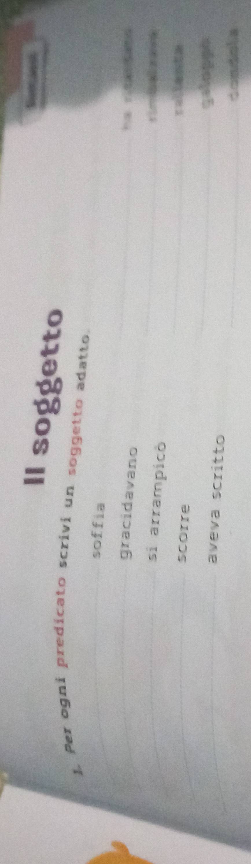 So an 
II soggetto 
1. Per ogni predicato scrivi un soggetto adatto. 
_soffia 
_ 
_ 
gracidavano 
_ 
ha ria 
_si arrampicò 
r 
_ 
scorre 
_ 
==lanta 
_ 
_galoppe 
aveva scritto 
_condolia