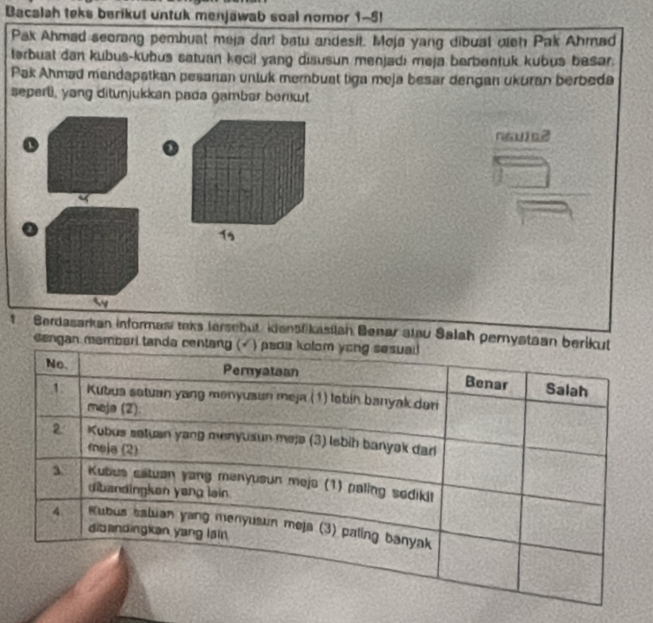 Bacalah teks berikut untuk menjawab soal nomor 1-5! 
Pak Ahmad seorang pembuat meja dari batu andesit. Meja yang dibual uich Pak Ahrad 
terbual dan kubus-kubus satuan kecil yang disusun menjadi meja berbentuk kubus besar. 
Pak Ahmad mendapatkan pesanan unluk membuat tiga meja besar dengan ukuran berbeda 
sepert, yang ditunjukkan pada gambar berikut 
nsuis2 
o 
1 Berdasarkan informasi teks tersebut idenafikasiiah Benar alau Salah pemystaan b 
engan membari tand