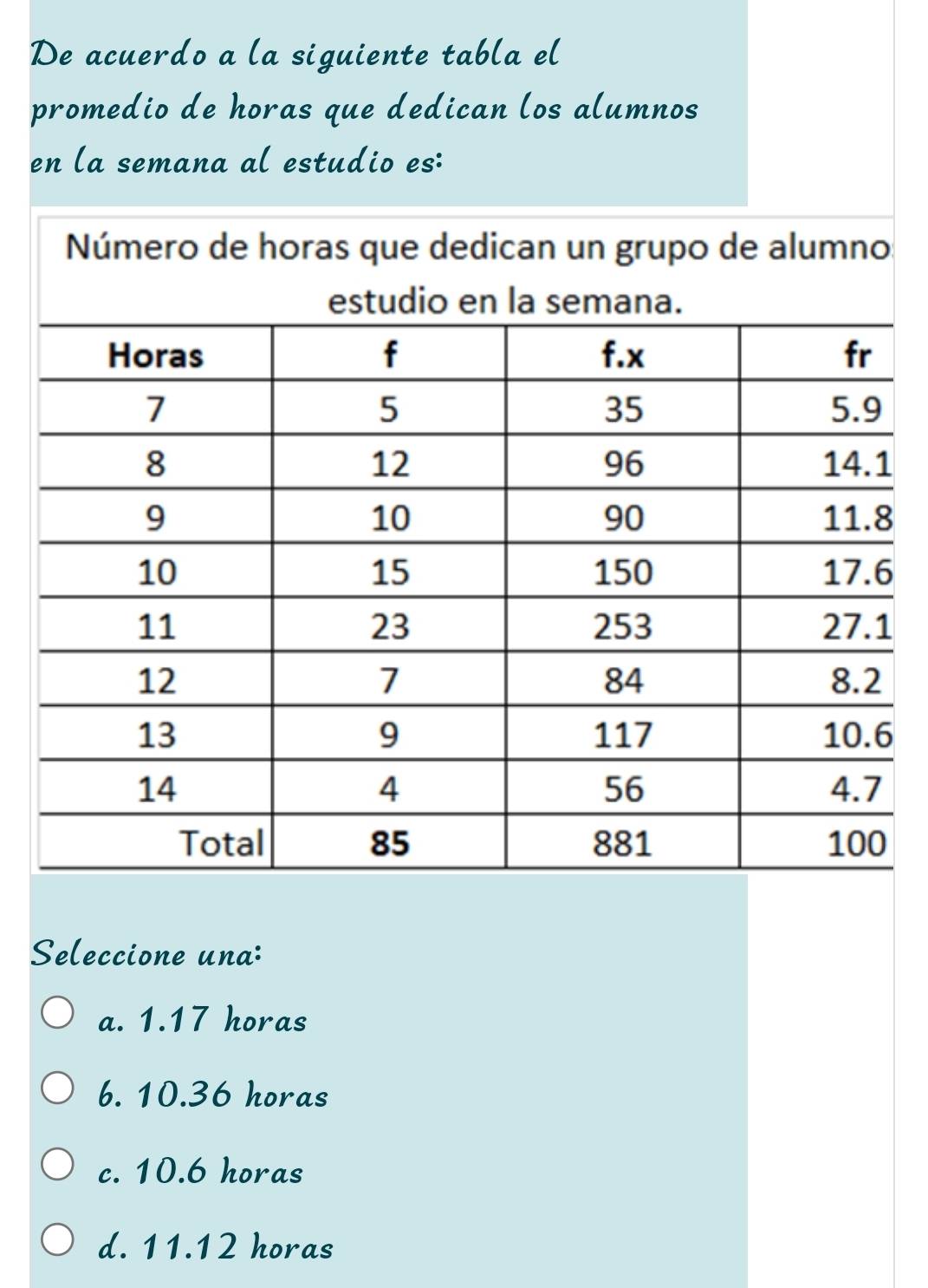 De acuerdo a la siguiente tabla el
promedio de horas que dedican los alumnos
en la semana al estudio es:
:
1
8
6
1
6
Seleccione una:
a. 1.17 horas
b. 10.36 horas
c. 10.6 horas
d. 11.12 horas