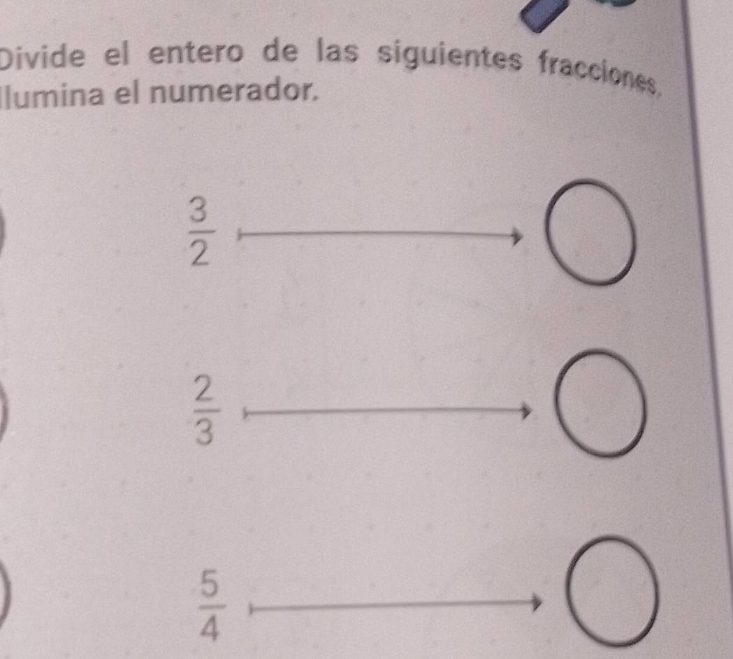 Divide el entero de las síguientes fracciones,
lumina el numerador.
 3/2 
 2/3 
 5/4 