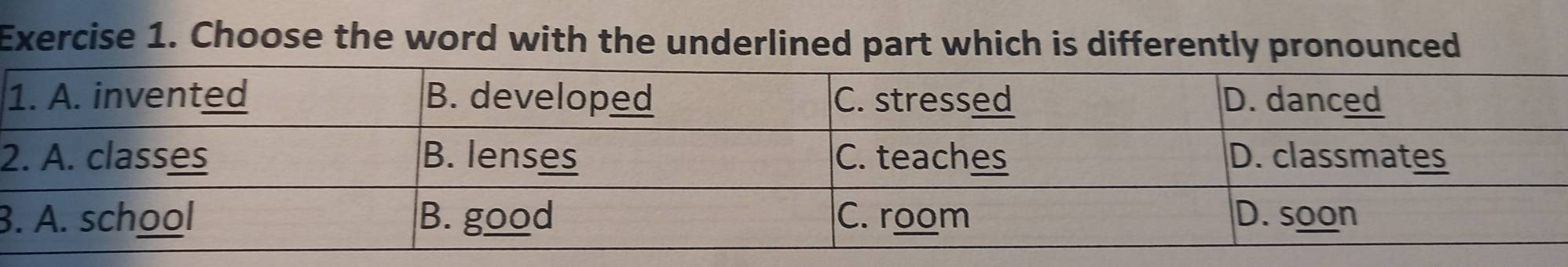 Choose the word with the underlined part which is differently pronounced 
2 
B