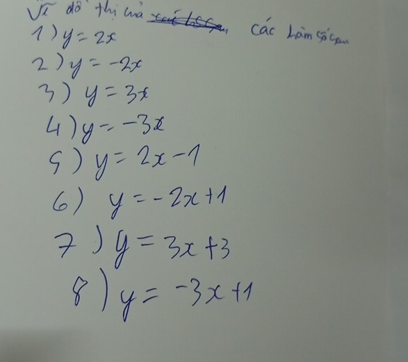 sqrt l do thi ana 
() y=2x
cac Lam socom 
2) y=-2x
3) y=3x
4) y=-3x
() y=2x-7
6) y=-2x+1
) y=3x+3
8 y=-3x+1