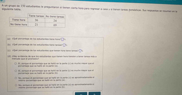 A un grupo de 150 estudiantes le preguntaron si tienen cierta hora para regresar a casa y si tienen tareas domésticas. Sus respuestas se resumen en la
siguiente tabla.
(a) ¿Qué porcentaje de los estudiantes tiene hora? □ %
(b) ¿Qué porcentaje de los estudiantes tiene tareas? □°
(c) ¿Qué porcentaje de los estudiantes que tienem hora tiene tareas?
(d) ¿May evidencia de que los estudiantes que tienen hora tienden a tener tareas más a
menudo que el promedio?
Si, porque el porcentaje que se halló en la parte (c) es mucho mayor que el
porcentaje que se halló en la parte (a).
Sí, porque el porcentaje que se halló en la parte (c) es mucho mayor que el
porcentaje que se halló en la parte (b).
No, porque el porcentaje que se halló en la parte (c) es aproximadamente el
mismo porcentaje que se halló en la parte (a).
No, porque el porcentaje que se hallló en la parte (c) es aproximadamente el
mismo porcentaje que se halló en la parte (b).