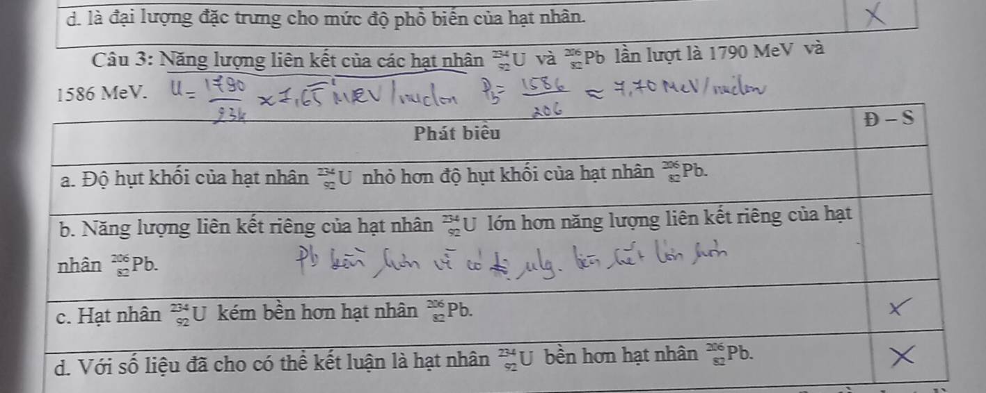 d. là đại lượng đặc trưng cho mức độ phổ biến của hạt nhân.
Câu 3: Năng lượng liên kết của các hạt nhân beginarrayr 234 20 là beginarrayr 206 82endarray Pb lần lượt là 1790 MeV và
1586 MeV.