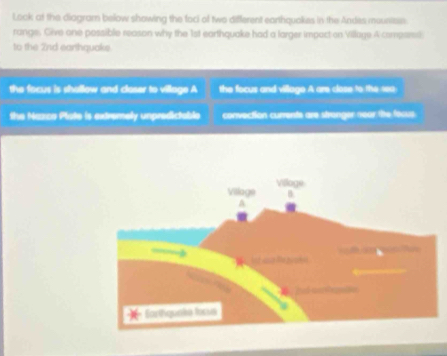 Look at the diagram below showing the foci of two different earthquokes in the Andes mounisss
range. Give one possible reason why the 1st earthquake had a larger impact on Village A comperssi
to the 2nd earthquaks
the focus is shallow and closer to village A the focus and village A are close to the sea
the Mazco Piste is extremely unpredictable convection currents are stranger near the fecus.