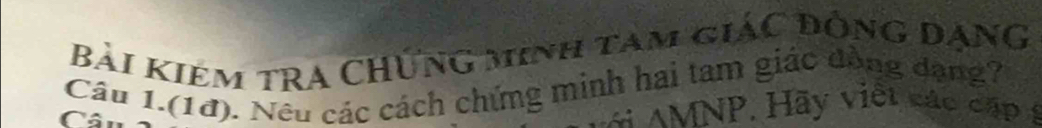 Bài Kiêm tRA CHủng minh tam giác đông dạnG 
Câu 1.(18). Nếu các cách chứng minh hai tam giác động dạng? 
Câu 
* AMNP. Hãy việt các cấp g