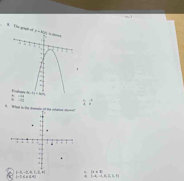 The graph of y=h(x)
a. -14
b. -12 c.-3
d. 0
9. What is the domain of the
a  -3,-2,0,1,2,4
c.  x∈ I
 -3≤ x≤ 4
d.  -4,-1,0,2,3,5