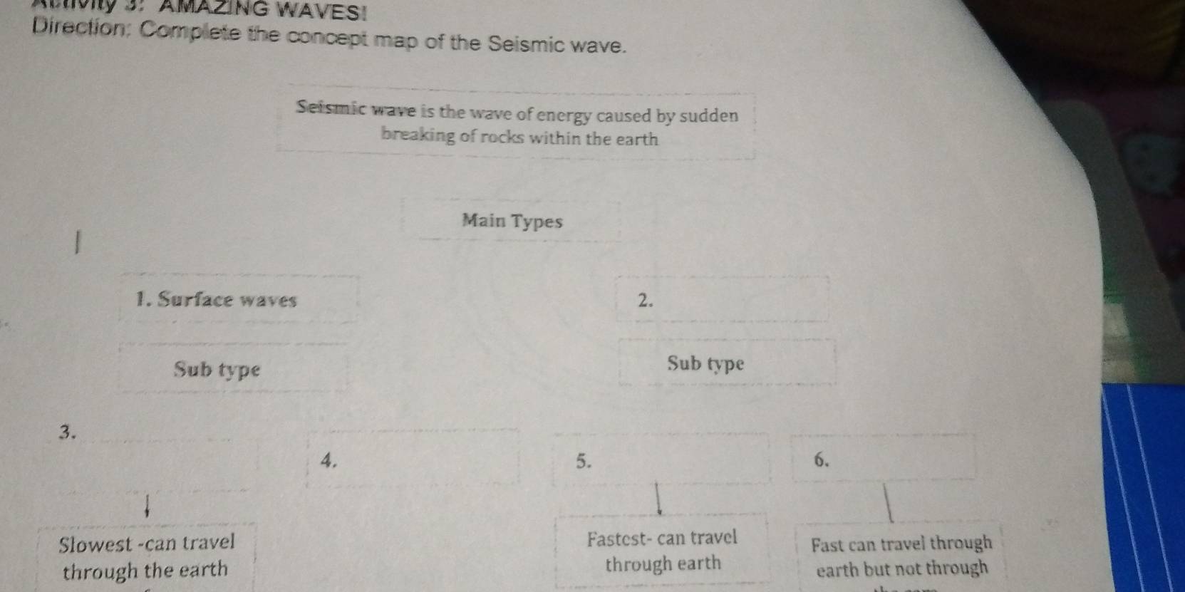 AIVIy 3: AMAZING WAVES! 
Direction: Complete the concept map of the Seismic wave. 
Seismic wave is the wave of energy caused by sudden 
breaking of rocks within the earth 
Main Types 
1. Surface waves 2. 
Sub type Sub type 
3. 
4. 
5. 
6. 
Slowest -can travel Fastest- can travel Fast can travel through 
through the earth through earth 
earth but not through