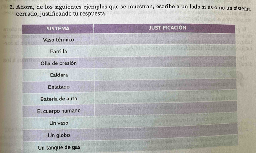 Ahora, de los siguientes ejemplos que se muestran, escribe a un lado si es o no un sistema 
cerrado, justificando tu respuesta. 
Un tanque de gas