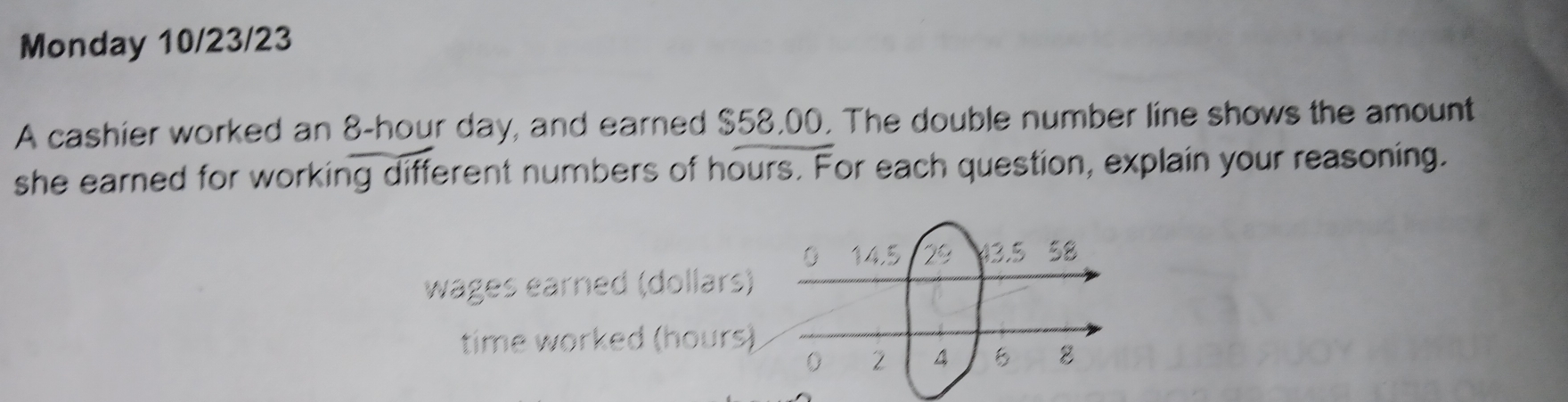 Monday 10/23/23 
A cashier worked an 8-hour day, and earned $58,00. The double number line shows the amount 
she earned for working different numbers of hours. For each question, explain your reasoning. 
wages earned (dollars) 
time worked (hours)