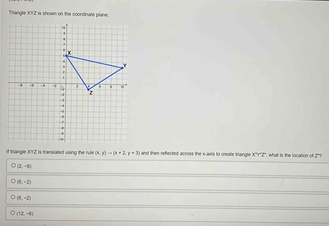 Triangle XYZ is shown on the coordinate plane.
If triangle XYZ is translated using the rule (x,y)to (x+2,y+3) and then reflected across the x-axis to create triangle X''Y''Z'' , what is the location of Z°
(2,-8)
(6,-2)
(8,-2)
(12,-6)