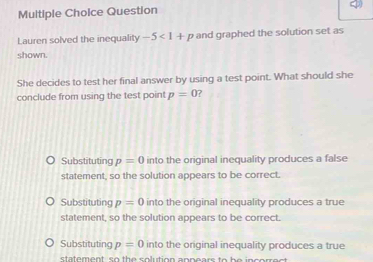 Question
Lauren solved the inequality -5<1+p and graphed the solution set as
shown.
She decides to test her final answer by using a test point. What should she
conclude from using the test point p=0 7
Substituting p=0 into the original inequality produces a false
statement, so the solution appears to be correct.
Substituting p=0 into the original inequality produces a true
statement, so the solution appears to be correct.
Substituting p=0 into the original inequality produces a true
statement so th e s o lution an n ears to be in c o rr c