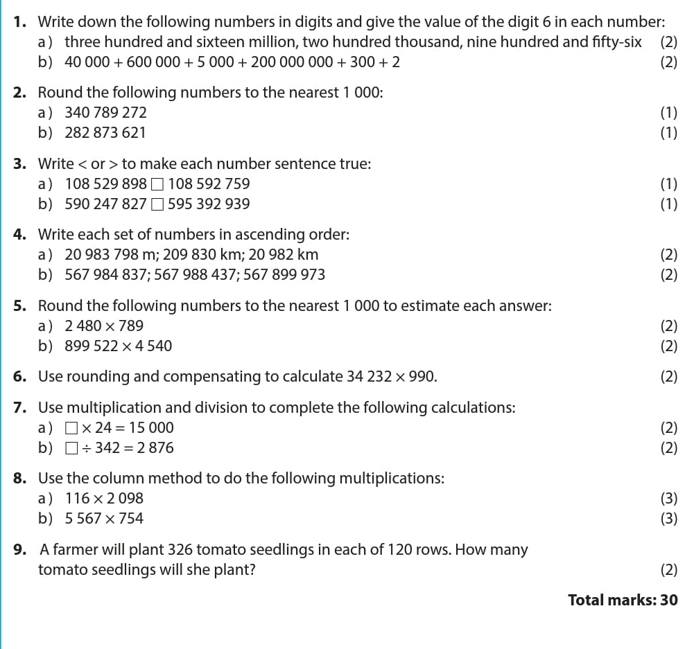 Write down the following numbers in digits and give the value of the digit 6 in each number: 
a ) three hundred and sixteen million, two hundred thousand, nine hundred and fifty-six (2) 
b) 40000+600000+5000+20000000+300+2 (2) 
2. Round the following numbers to the nearest 1 000 : 
a ) 340 789 272 (1) 
b) 282 873 621 (1) 
3. Write < or > to make each number sentence true: 
a  108 529 898 □ 108 592 759 (1) 
b) 590 247 827 □ 595 392 939 (1) 
4. Write each set of numbers in ascending order: 
a ) 20 983 798 m; 209 830 km; 20 982 km (2) 
b) 567 984 837; 567 988 437; 567 899 973 (2) 
5. Round the following numbers to the nearest 1 000 to estimate each answer: 
a ) 2480* 789 (2) 
b) 899522* 4540 (2) 
6. Use rounding and compensating to calculate 34232* 990. (2) 
7. Use multiplication and division to complete the following calculations: 
a ) □ * 24=15000 (2) 
b) □ / 342=2876 (2) 
8. Use the column method to do the following multiplications: 
a ) 116* 2098 (3) 
b) 5567* 754 (3) 
9. A farmer will plant 326 tomato seedlings in each of 120 rows. How many 
tomato seedlings will she plant? (2) 
Total marks: 30