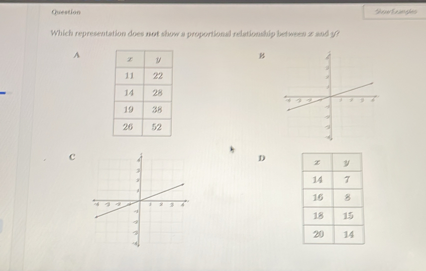 Question Ée Éxam ples
Which representation does not show a proportional relationship between a and 3?
A
c
D