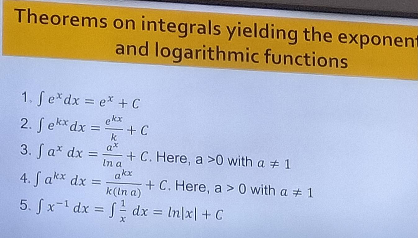 Theorems on integrals yielding the exponent 
and logarithmic functions 
1. ∈t e^xdx=e^x+C
2. ∈t e^(kx)dx= e^(kx)/k +C
3. ∈t a^xdx= a^x/ln a +C Here, a>0 with a!= 1
4. ∈t a^(kx)dx= a^(kx)/k(ln a) +C. Here, a>0 with a!= 1
5. ∈t x^(-1)dx=∈t  1/x dx=ln |x|+C