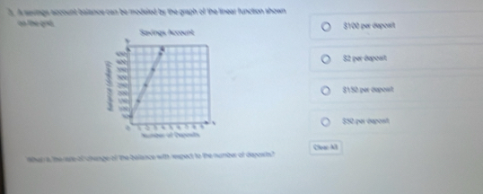 A sesings account balance can be modeled by the graph of the linear function shown 
on the grd. $100 per déposit
$2 per deposit
8152 per dapoist
$50 par dsporst
a the rare of chenge of the belance with respect to the number of deposts? Cloac Al