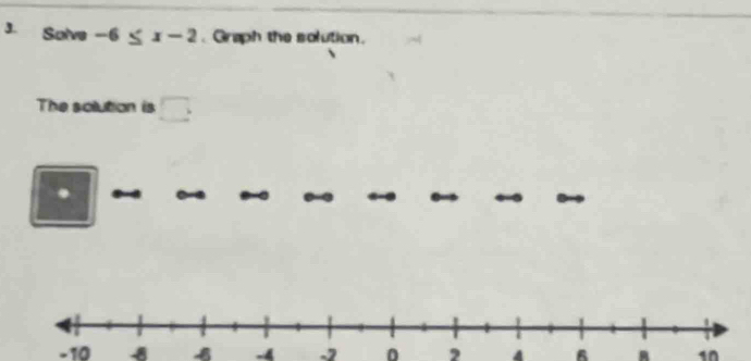 Solve -6≤ x-2. Graph the solution. 
The solution is □ 
.
-10 -4 -2 0 2 4 6 10