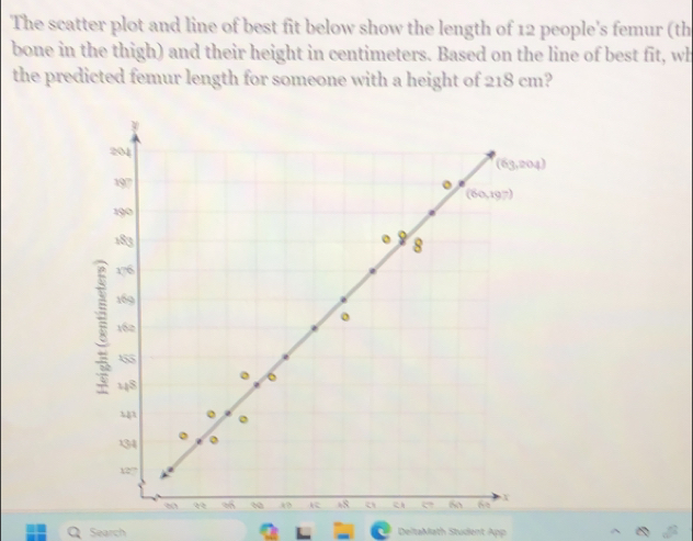 The scatter plot and line of best fit below show the length of 12 people's femur (th 
bone in the thigh) and their height in centimeters. Based on the line of best fit, wh 
the predicted femur length for someone with a height of 218 cm?
204
(63,204)
197 。 (60,197)
190
183 0 8
176
169
。
162
455
148
。
34 。
127
X 
∞ +8 a 
Search L DeltaMath Student App