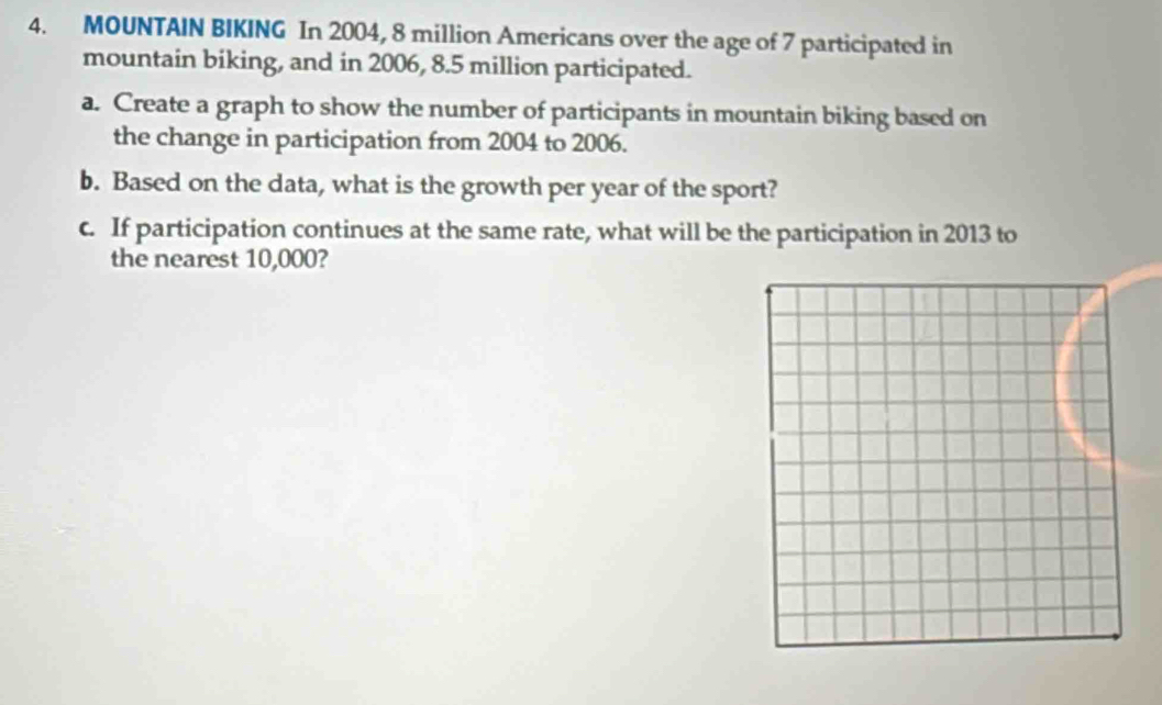 MOUNTAIN BIKING In 2004, 8 million Americans over the age of 7 participated in 
mountain biking, and in 2006, 8.5 million participated. 
a. Create a graph to show the number of participants in mountain biking based on 
the change in participation from 2004 to 2006. 
b. Based on the data, what is the growth per year of the sport? 
c. If participation continues at the same rate, what will be the participation in 2013 to 
the nearest 10,000?