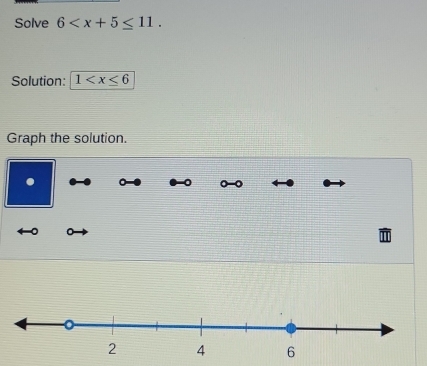 Solve 6 . 
Solution: 1
Graph the solution.