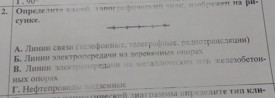 1.90°
2. Олределите какой, тоπографический знаке изображен на ри-
cyhke.
Α. Лиенеίиηиαδсвязи (τелефонные, τелеграфные, радиοτраηслδηии)
Б. лиенеии электролередачи на деревяηньех оπеίорах
В. Линии электроπередачи на металлических или железобетон-
ных опорах
г. Нефтепроводы подземные
τииеской дμаграммыΙ определиτе τиπ Κли-