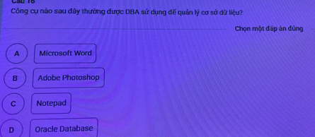 Công cụ nào sau đây thường được DBA sử dụng để quản lý cơ sở dữ liệu?
_Chọn một đáp án đủng
A Microsoft Word
B Adobe Photoshop
C Notepad
D Oracle Database