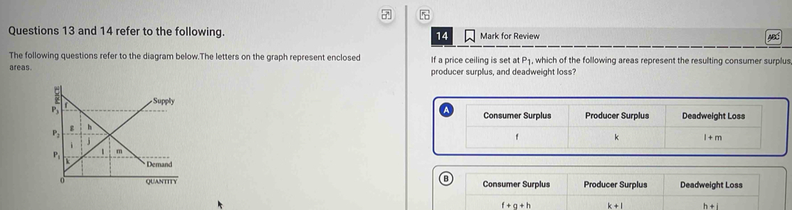 and 14 refer to the following. Mark for Review ABC
14
The following questions refer to the diagram below.The letters on the graph represent enclosed If a price ceiling is set at P_1 , which of the following areas represent the resulting consumer surplus
areas. producer surplus, and deadweight loss?
B
Consumer Surplus Producer Surplus Deadweight Loss
f+g+h
k+l
h+i