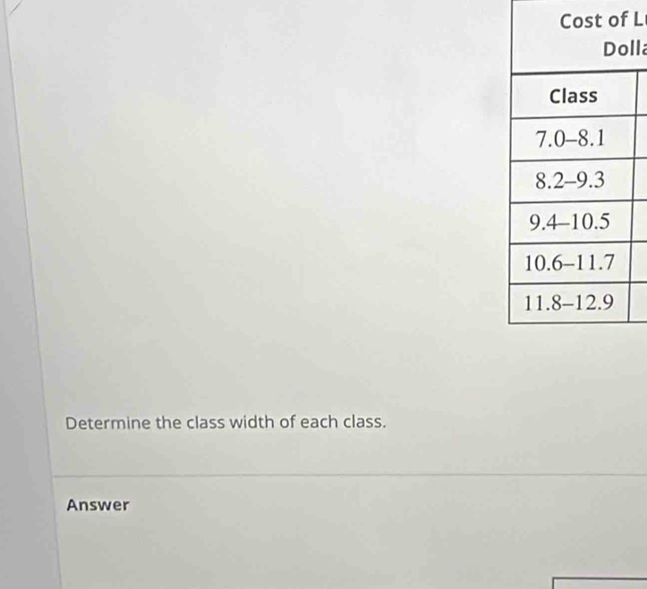 Cost of L 
lla 
Determine the class width of each class. 
Answer