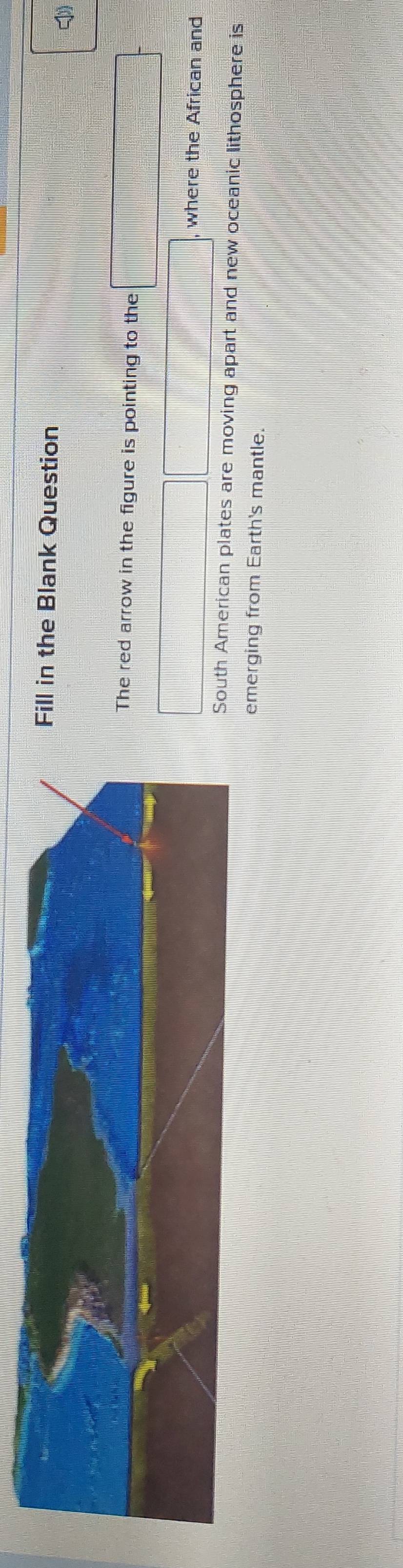 in the Blank Question 
he red arrow in the figure is pointing to the 
, where the African and 
outh American plates are moving apart and new oceanic lithosphere is 
emerging from Earth's mantle.