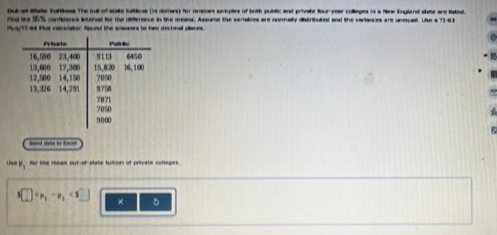 Out-of Mate Tuftkas The out-of-state tuiions (in dolars) for random samples of both public and private four-year colleges in a New England state are listed. 
rind the 55% confidence interval for the difference in the means. Assume the variables are normally distributed and the variances are unequal. Use a TI- 83
Pus/TI-84 Plus calculator Round the answers to two decinall pllaces. 
Send data to Excel 
Use j,for the mean out-of-state tuition of private colleges.
5□ <5^(wedge)] × 5