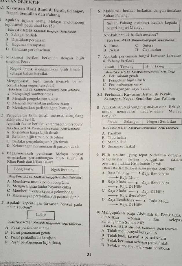 ÖÁLAN ÖBJEKTIF
3.1 Kekayaan Hasil Bumi di Perak, Selangor, 6 Maklumat berikut berkaitan dengan tindakan
Negeri Sembilan dan Pahang Sultan Pahang
Apakah tujuan orang Melayu melombong
bijih timah pada abad ke-15? Sultan Pahang memberi hadiah kepada
negeri-negeri Melayu.
Buku Teks: M.S. 55 Konstruk: Mengingat Ares: Randah
A Sebagai hadiah Apakah bentuk hadiah tersebut?
B Dijadikan perhiasan Buku Teks: M S. E2 Konstruk: Mengıngat Aras: Rondan
C Kegunaan tempatan A Emas C Sutera
D Hantaran perkahwinan B Nobat D Cap mohor
2 Maklumat berikut berkaitan dengan bijih 7 Apakah persamaan fungsi kawasan-kawasan
timah di Perak. di Pahang berikut?
Negeri Perak menggunakan bijíh timah Raub Tersang Hulu Dong
sebagai bahan bernilai. A Perusahaan getah  Buku Teks: M S. 63 Konstruk: Menganais Aras: Trgp
Mengapakah bijih timah menjadi bahan B Pengeluar bijih timah
bernilai bagi negeri tersebut? C Perlombongan emas
Buku Teks: M.S. 59 Konstruk: Memahami Ares: Sederhana D Perdagangan kayu balak
A Menyaingi sumber emas 3.2 Perluasan Kawasan British di Perak,
B Menjadi pengeksport utama Selangor, Negeri Sembilan dan Pahang
C Menarik kemasukan pelabur asing
D Mendapatkan perlindungan Portugis 8 Apakah strategi yang digunakan oleh British
untuk menguasai negeri-negeri Melayu
3 Pengeluaran bijih timah merosot menjelang berikut?
akhir abad ke-18. 
Apakah faktor berlaku kemerosotan tersebut?
Buku Teks: M. S. 59 Konstruk: Menganalisis Aras: Sedemana  Buku Teks: M.S. 64 Konstruk: Menganalisis Aras: Sedemana
A Kejatuhan harga bijih timah A Pajakan
B Bekalan bijih timah berlebihan B Tipu helah
C Berlaku penyeludupan bijih timah C Manipulasi
D Kekurangan permintaan di pasaran dunia D Serangan fizikal
4 Bagaimanakah pembesar Melayu berikut 9 Pilih urutan yang tepat berkaitan dengan
memajukan perlombongan bijih timah di pengamalan sistem penggiliran dalam
Klian Pauh dan Klian Baru? pewarisan takhta Kesultanan Perak.
Buku Teks: M.S. 65 Konstruk: Monganaiisis Aras: Tinggi
Long Jaafar Ngah Ibrahim A Raja Di Hilir  Raja Bendahara
Buku Teks: M. S. 60 Konstruk: Mengapékasi Aras: Sederhana Raja Muda
A Membawa masuk pelombong Cina B Raja Muda Raja Bendahara
B Mengurangkan kadar bayaran cukai Raja Di Hilir
C Memberi dividen kepada pelombong C Raja Muda Raja Di Hilir
D Kekurangan permintaan di pasaran dunia D Raja Bendahara Raja Bendahara Raja Muda
5 Apakah kepentingan kawasan berikut pada Raja Di Hilir
tahun 1830-an? 10 Mengapakah Raja Abdullah di Perak tidak
Lukut ditabalkan sebagai sultan selepas
kemangkatan Sultan Ali?
Buku Teks: M.S. 61 Konstruk: Menganalisis Ares; Sederhana  Buku Teks: M.S. 65 Konstruk: Memahami Aras: Sederana
A Pusat pelabuhan utama A Tidak mempunyai kelayakan
B Pusat penanaman getah B Tidak hadir ke majlis pemakaman
C Pusat pentadbiran kerajaan C Tidak berminat sebagai pemerintah
D Pusat perdagangan bijih timah D Tidak mendapat sokongan pembesar
31