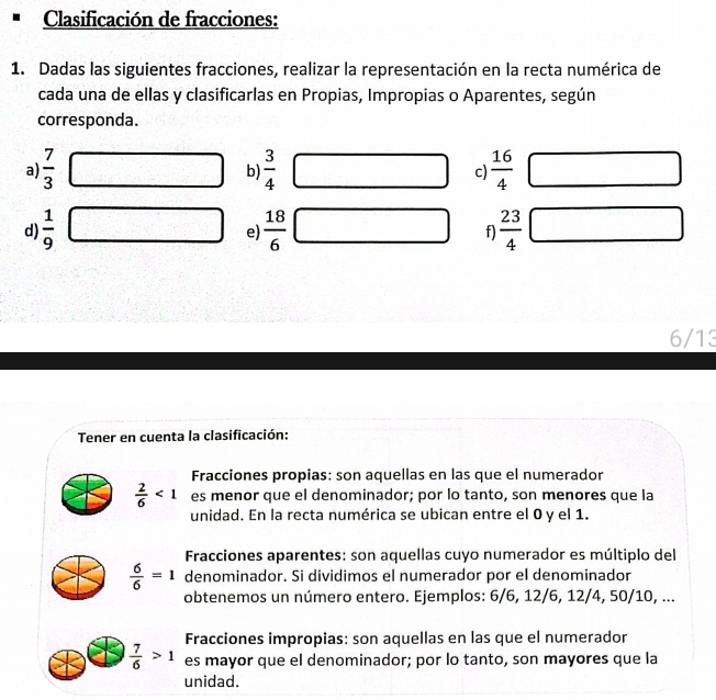 Clasificación de fracciones: 
1. Dadas las siguientes fracciones, realizar la representación en la recta numérica de 
cada una de ellas y clasificarlas en Propias, Impropias o Aparentes, según 
corresponda. 
a)  7/3   3/4  c)  16/4 
b) 
d)  1/9   18/6  f  23/4 
e)
6/13
Tener en cuenta la clasificación: 
Fracciones propias: son aquellas en las que el numerador
 2/6 <1</tex> es menor que el denominador; por lo tanto, son menores que la 
unidad. En la recta numérica se ubican entre el 0 y el 1. 
Fracciones aparentes: son aquellas cuyo numerador es múltiplo del
 6/6 =1 denominador. Si dividimos el numerador por el denominador 
obtenemos un número entero. Ejemplos: 6/6, 12/6, 12/4, 50/10, ... 
Fracciones impropias: son aquellas en las que el numerador
 7/6 >1 es mayor que el denominador; por lo tanto, son mayores que la 
unidad.