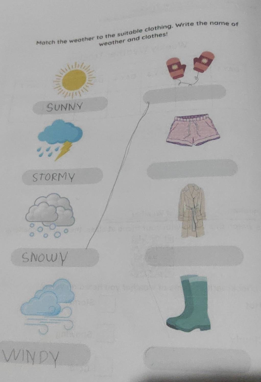 Match the weather to the suitable clothing. Write the name of
weather and clothes!

SUNNY
STORMY
SNOWγ