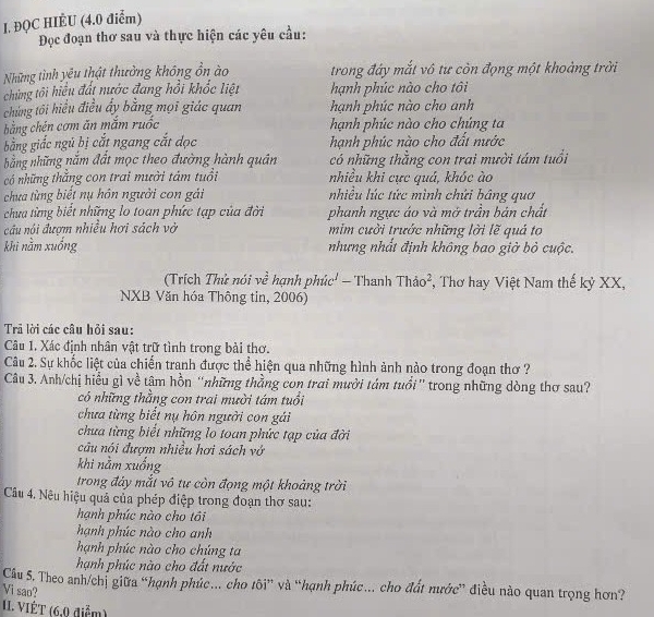 ĐQC HIÉU (4.0 điểm)
Đọc đoạn thơ sau và thực hiện các yêu cầu:
Những tình yêu thật thưởng không ôn ào trong đây mắt vô tư còn đọng một khoảng trời
chủng tôi hiệu đất nước đang hồi khốc liệt hạnh phúc nào cho tôi
chúng tôi hiểu điều ấy bằng mọi giác quan hạnh phúc nào cho anh
bằng chén cơm ăn mắm ruốc hạnh phúc nào cho chúng ta
bằng giắc ngú bị cắt ngang cắt dọc hạnh phúc nào cho đất nước
hằng những năm đất mọc theo đường hành quân có những thẳng con trai mười tám tuổi
có những thắng con trai mười tám tuổi nhiều khi cực quả, khóc ào
chưa từng biết nụ hôn người con gải nhiều lúc tức mình chứi bảng quơ
chưa từng biết những lo toan phức tạp của đời phanh ngực áo và mở trần bản chất
câu nói đượm nhiều hơi sách vở mim cười trước những lời lẽ quá to
khi nằm xuống nhưng nhất định không bao giờ bỏ cuộc.
(Trích Thử nói về hạnh phúc' - Thanh Thao^2 *, Thơ hay Việt Nam thế kỷ XX,
NXB Văn hóa Thông tin, 2006)
Trả lời các câu hỏi sau:
Câu 1. Xác định nhân vật trữ tình trong bài thơ.
Câu 2. Sự khốc liệt của chiến tranh được thể hiện qua những hình ảnh nào trong đoạn thơ ?
Câu 3. Anh/chị hiểu gì về tâm hồn “những thằng con trai mười tám tuổi'trong những dòng thơ sau?
có những thẳng con trai mười tám tuổi
chưa từng biết nụ hôn người con gái
chưa từng biết những lo toan phức tạp của đời
câu nói đượm nhiều hơi sách vớ
khi nằm xuống
trong đảy mắt vô tự còn đọng một khoảng trời
Câu 4. Nêu hiệu quả của phép điệp trong đoạn thơ sau:
hạnh phúc nào cho tôi
hạnh phúc nào cho anh
hạnh phúc nào cho chúng ta
hạnh phúc nào cho đất nước
Câu 5. Theo anh/chị giữa “hạnh phúc…. cho tôi” và “hạnh phúc…. cho đất nước” điều nào quan trọng hơn?
Vi sao?
H. VIÉT (6,0 điểm)