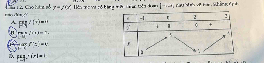 Cho hàm số y=f(x) liên tục và có bảng biển thiên trên đoạn [-1;3] như hình vẽ bên. Khẳng định
nào đúng?
A. limlimits _[-1.3]f(x)=0.
B. limlimits _([-1;3])^(max)f(x)=4.
)maxf(x)=0.
D. limlimits _[-1.3]f(x)=1.