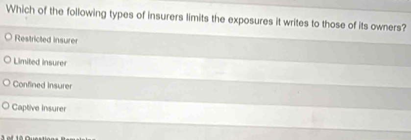 Which of the following types of insurers limits the exposures it writes to those of its owners?
Restricted insurer
Limited insurer
Confined insurer
Captive insurer
1 Questio en