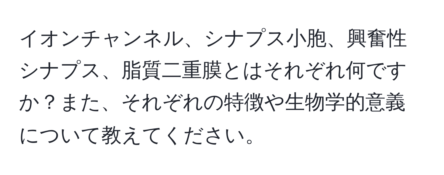 イオンチャンネル、シナプス小胞、興奮性シナプス、脂質二重膜とはそれぞれ何ですか？また、それぞれの特徴や生物学的意義について教えてください。