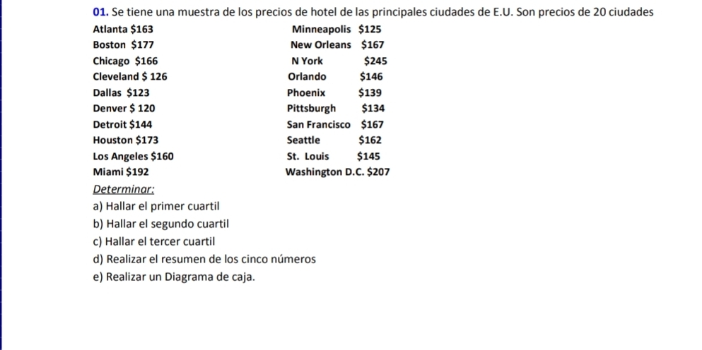 Se tiene una muestra de los precios de hotel de las principales ciudades de E.U. Son precios de 20 ciudades 
Atlanta $163 Minneapolis $125
Boston $177 New Orleans $167
Chicago $166 N York $245
Cleveland $ 126 Orlando $146
Dallas $123 Phoenix $139
Denver $ 120 Pittsburgh $134
Detroit $144 San Francisco $167
Houston $173 Seattle $162
Los Angeles $160 St. Louis $145
Miami $192 Washington D.C. $207
Determinar: 
a) Hallar el primer cuartil 
b) Hallar el segundo cuartil 
c) Hallar el tercer cuartil 
d) Realizar el resumen de los cinco números 
e) Realizar un Diagrama de caja.