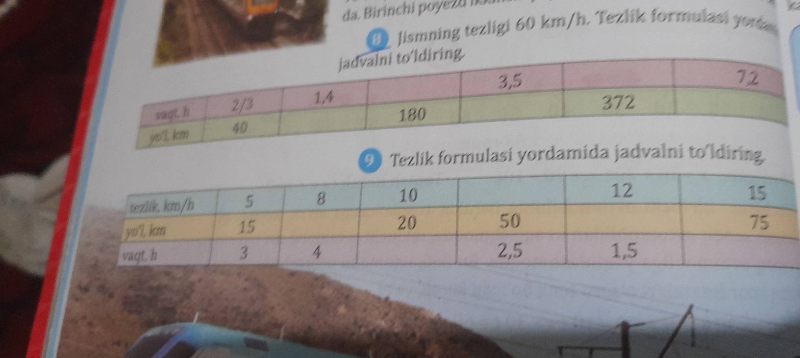 da. Birinchi poye2d iü 
D Jismning tezligi 60 km/h. Tezlik formulasi yor 
9 Tezlik formulasi yordamida jadvalni to´ldiring