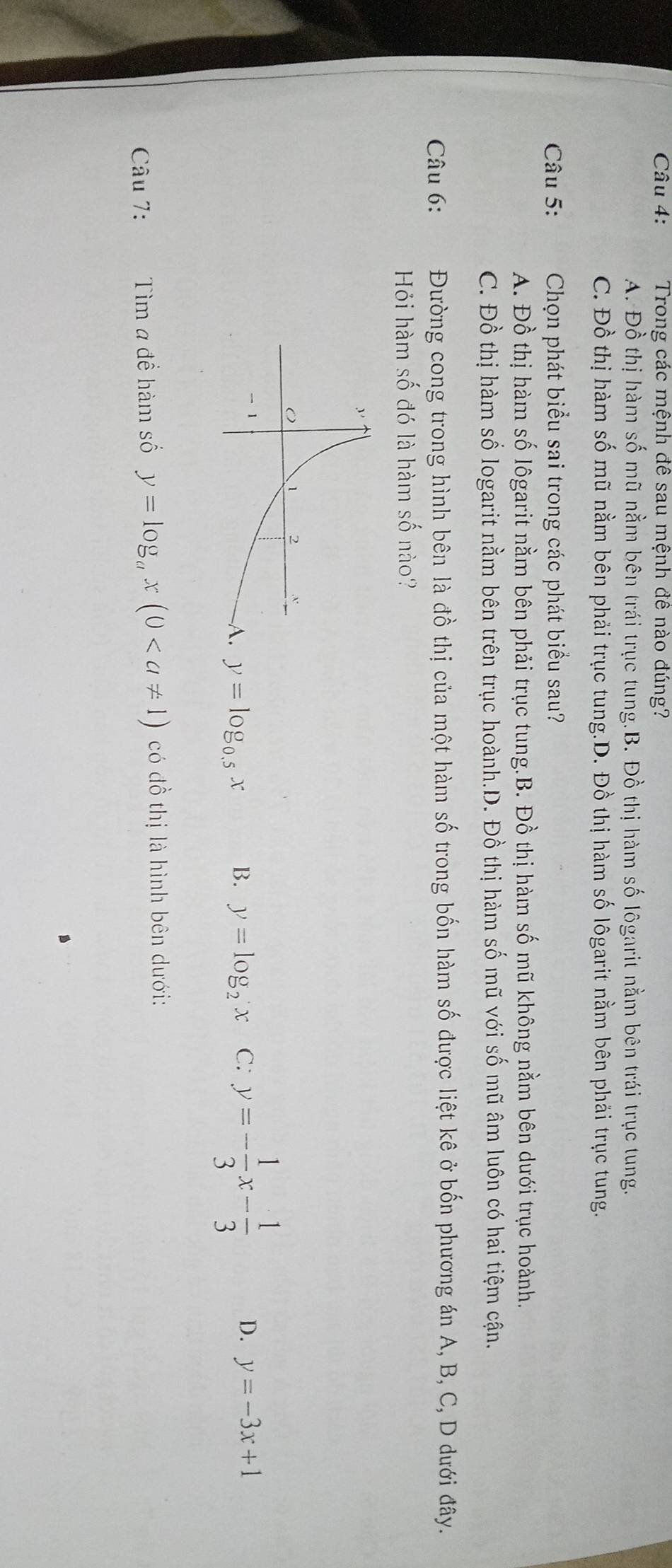 Trong các mệnh đề sau mệnh đê nào đúng?
A. Đồ thị hàm số mũ nằm bên trái trục tung.B. Đồ thị hàm số lôgarit nằm bên trái trục tung.
C. Đồ thị hàm số mũ nằm bên phải trục tung.D. Đồ thị hàm số lôgarit nằm bên phải trục tung.
Câu 5: Chọn phát biểu sai trong các phát biểu sau?
A. Đồ thị hàm số lôgarit nằm bên phải trục tung.B. Đồ thị hàm số mũ không nằm bên dưới trục hoành.
C. Đồ thị hàm số logarit nằm bên trên trục hoành.D. Đồ thị hàm số mũ với số mũ âm luôn có hai tiệm cận.
Câu 6: Đường cong trong hình bên là đồ thị của một hàm số trong bốn hàm số được liệt kê ở bốn phương án A, B, C, D dưới đây.
Hi hàm số đó là hàm số nào?
y=log _0.5x B. y=log _2x C: y=- 1/3 x- 1/3  D. y=-3x+1
Câu 7: Tìm a để hàm số y=log _ax(0 có đồ thị là hình bên dưới: