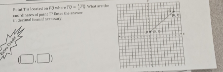 Point T is located on overline PQ where overline TQ= 1/4 overline PQ What are the
in decimal form if necessary. coordinates of point T? Enter the answer

(□ ,□ )