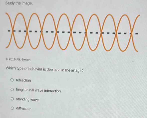 Study the image.
2016 FlipSwitch
Which type of behavior is depicted in the image?
refraction
longitudinal wave interaction
standing wave
diffraction