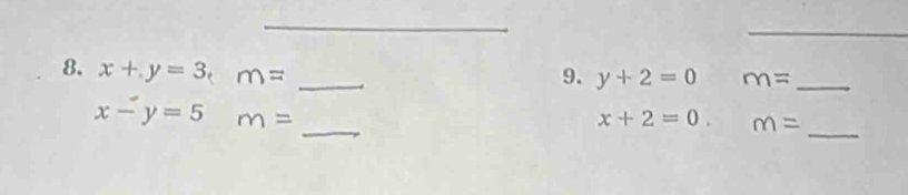 x+y=3, m= _
9. y+2=0 m= _
_
_
x-y=5 m=
x+2=0. m=