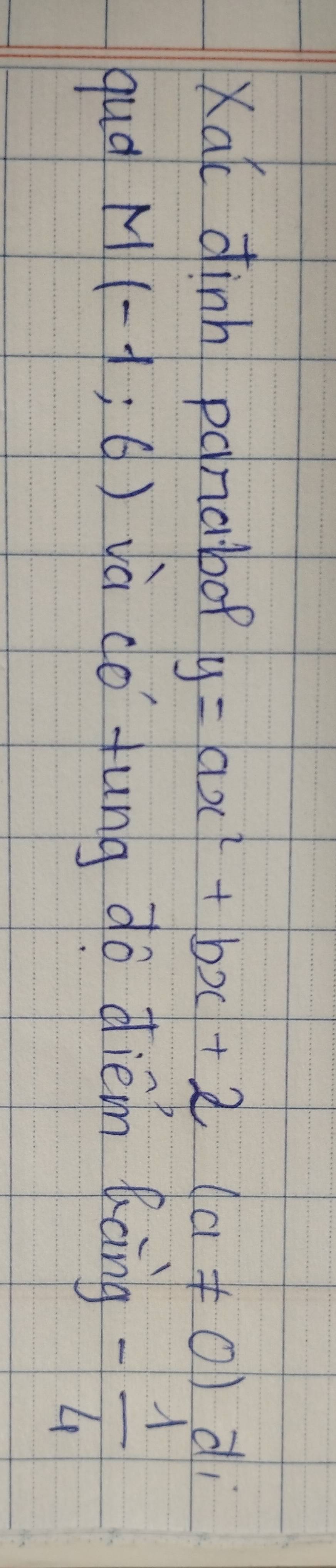 Xak dinh panalbof y=ax^2+bx+2(a!= 0) di 
qud M(-1;6) và do fung do dièin Kang - 1/4 