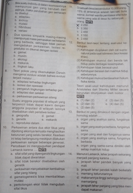 Bila suatu individu di dalam kromosomnya 11. Di sebuah desa berpenduduk 10.000 orang
mempunyai gen yang berübah dari
aslinya, maka perubahan gen semacam
15% di antaranya adalah laki-laki buta
itu disebut wama. Jumlah wanita pembawa sifat buta
a. adaptasi
b. evolusi orang. HOTS wara yang ada di desa itu sebanyak ..
c. mutas y 2.250 b 2.350
d. hibridsasi
e. variasi c. 2.450
7. Dua spesies simpatrik masing-masing d. 2.550 e. 2.650
mempunyai masa pemasakan sel kelamin
yang berbeda, sehingga tidak pernah 12. Berikut teori-teori tentang asal-usul ke
mengadakan perkawinan. Isolasi re- hidupan.
produksi ini dikenal dengan isolasi ....
a. gamet (1) Kehidupan diciptakan oleh zat supra-
b. musim khas). natural pada saat istimewa (teori kreasi
c. ekologi (2) Kehidupan muncul dari benda tak
d. mekanik hidup pada berbagai kesempatan.
e. tingkah laku (3) Kehidupan tidak berasal-usul.
B. Teori pokok yang dikemukakan Darwin (4) Kehidupan berasal dari makhluk hidup
mengenai evolusi adalah bahwa evolusi sebelumnya.
terjadi melalui .... (5) Kehidupan muncul berdasarkan hukum
a. adaptasi terhadap lingkungan fisika kimia.
b. isolasi dan spesiasi Teori asal-usul kehidupan menurut
c. pengaruh lingkungan terhadap gen Aristoteles dan Stanley Miller secara
d. adaptasi dan seleksi berurutan ditunjukkan oleh nomor …
e. perkawinan-perkawinan silang HOTS
9. Suatu anggota populasi di wilayah yang b. (2) dan (3) a. (1) dan (2) d. (3) dan (5) e. (4) dan (5)
terpencil tidak dapat kawin dengan
anggota populasi di wilayah lainnya c. (2) dan (5)
disebabkan oleh peristiwa isolasi .. 13. Berikut ini yang dimaksud dengan organ
a. geografis d. gamet homolog adalah
b. genetik e. mekanik a. organ yang asalnya sama, fungsinya
c. reproduksi dalam sama
10. Perkawinan antara dua ekor tikus yang b. organ yang asalnya berbeda, fungsinya
dipotong ekornya ternyata menghasilkan sama
keturunan yang selalu berekor. Keadaan c. organ yang asal dan fungsinya sama
ini tetap berlangsung meskipun dilakukan d. organ yang asainya sama, fungsinya
perkawinan sampai beberapa generasi. berbeda
Percobaan ini menggugurkan pendapat e. organ yang sama-sama dimiliki oleh
Lamarck karena HOTS setiap makhluk hidup
a. sifat-sifat yang dipengaruhi lingkungan 14. Menurut Lamarck, leher jerapah sekarang
tidak dapat diwariskan menjadi panjang karena ....
b. sifat tidak berekor disebabkan oleh a. jerapah leher pendek banyak yang
genetik mati
c. perkawinan menyebabkan kembalinya b. jerapah leher pendek kalah berkelahi
sifat yang hilang c.memang keturunannya
d. gametogenesis bisa membalikkan d. makanannya tinggi sehingga lehemya
mutasi memanjang
e. pemotongan ekor tidak mengubah e. jerapah leher panjang yang bisa men-
sifat tikus dapat makanan